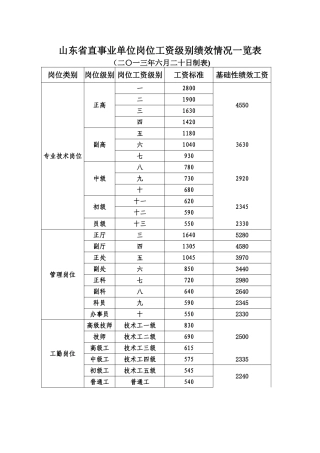 山东省直事业单位岗位工资级别绩效情况一览表