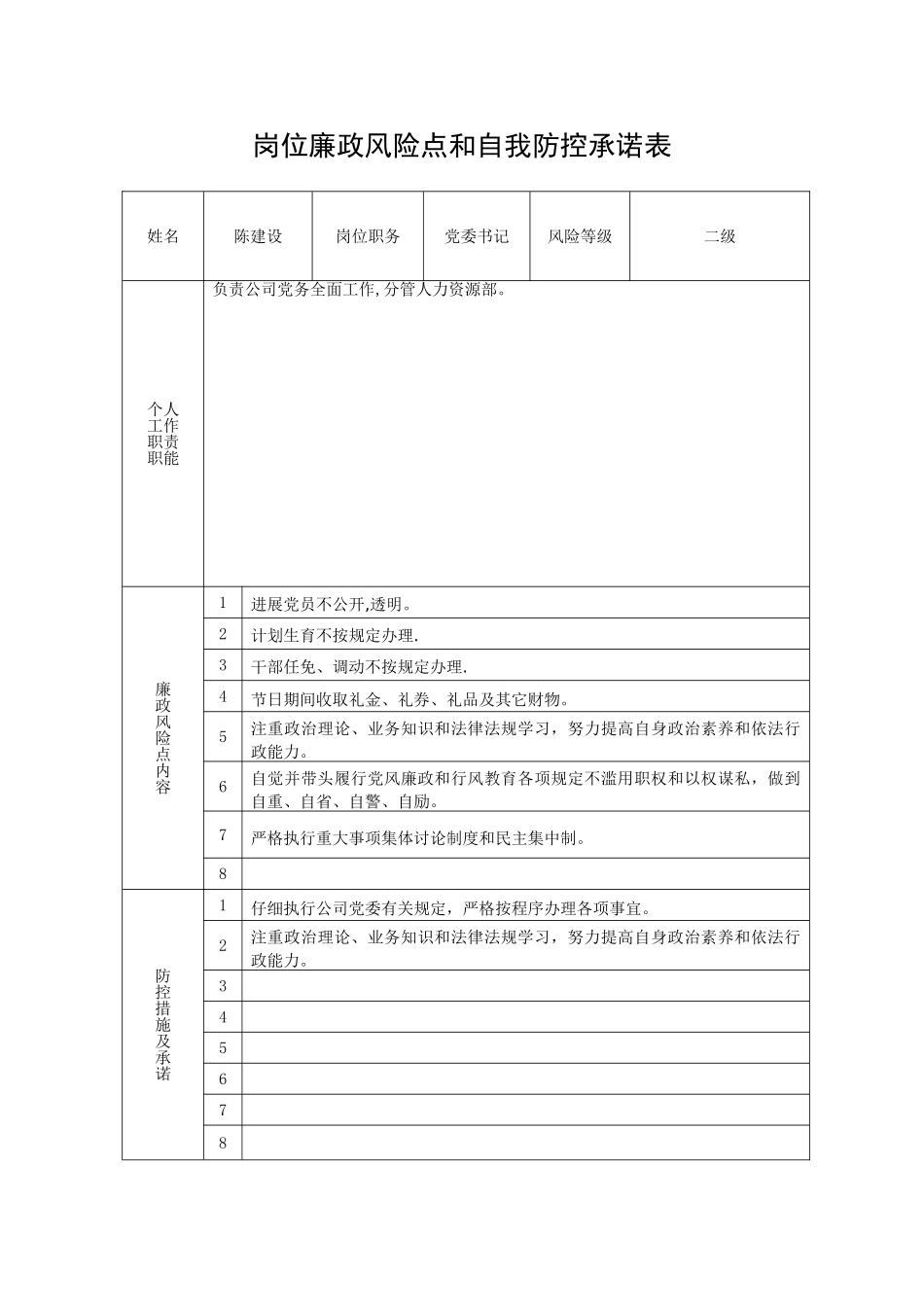 岗位廉政风险点和自我防控承诺表_第1页
