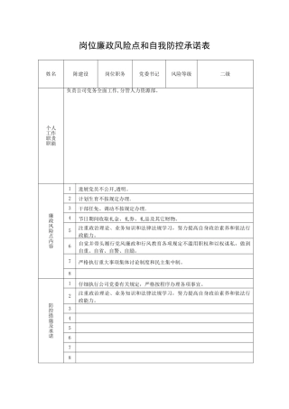 岗位廉政风险点和自我防控承诺表