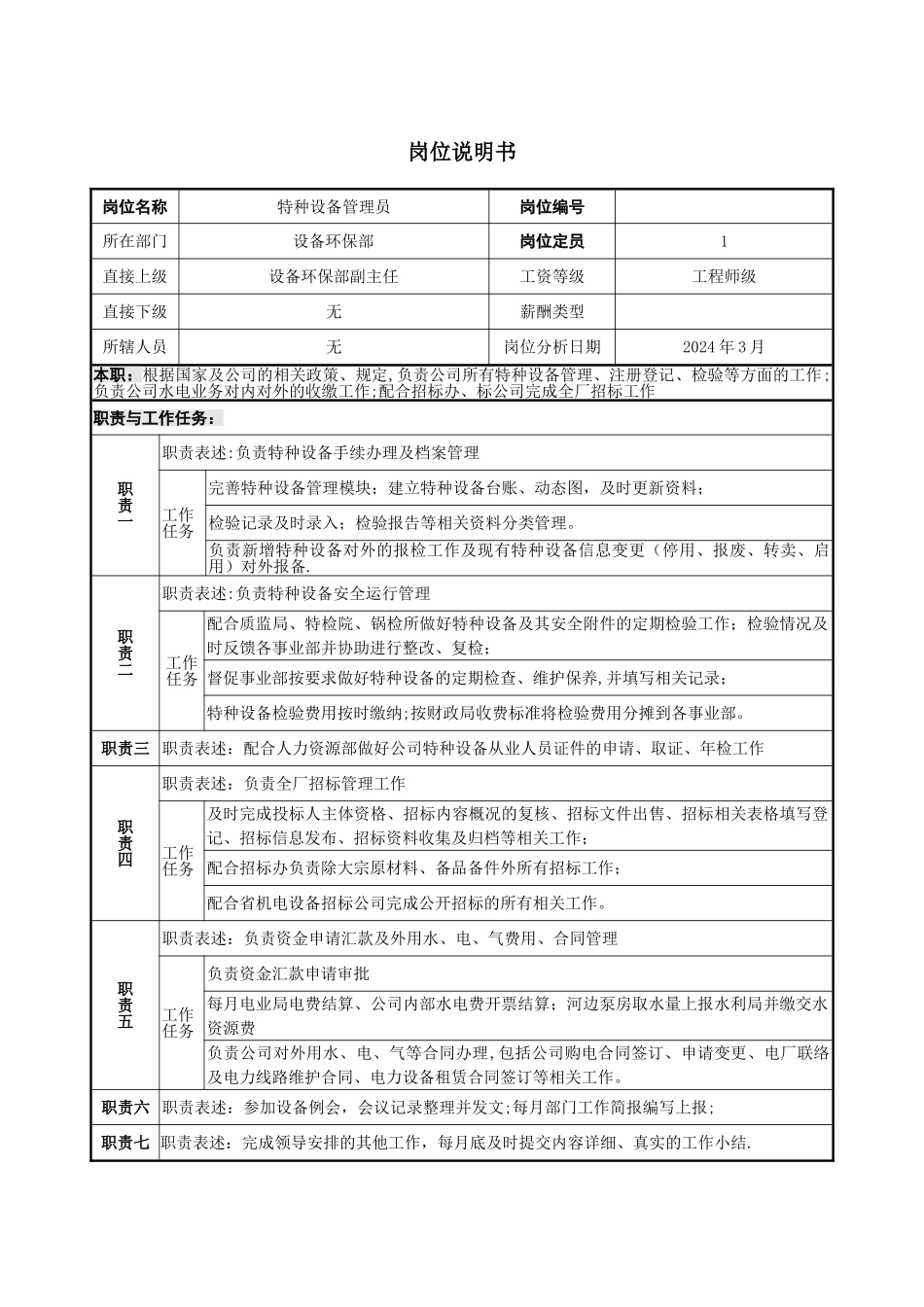 岗位说明书(特种设备管理员)_第1页