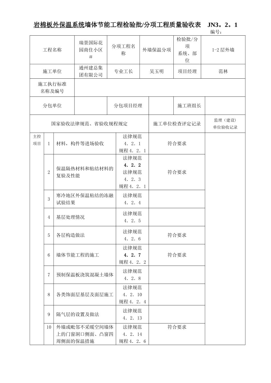 岩棉板外保温系统墙体节能工程检验批_第1页