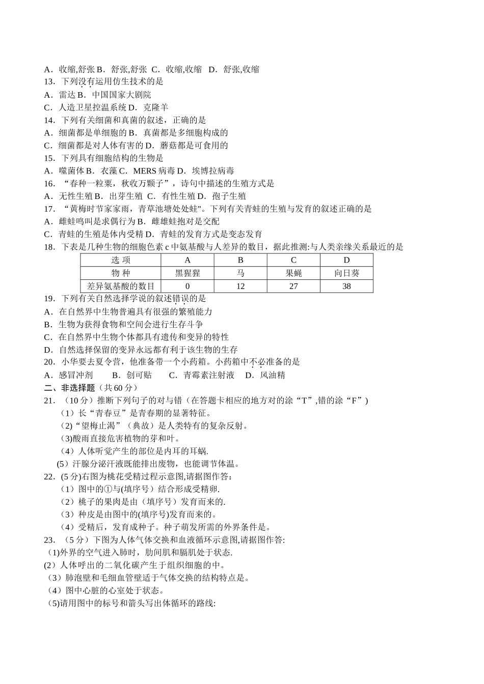 岳阳市2024年初中毕业学业考试生物试卷_第2页