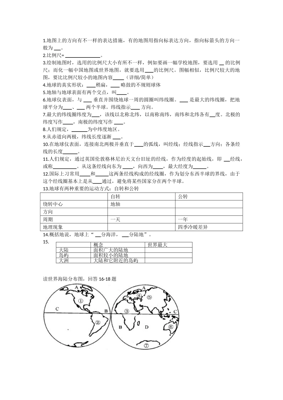 2025年七年级地理第一二章基础知识测试_第1页