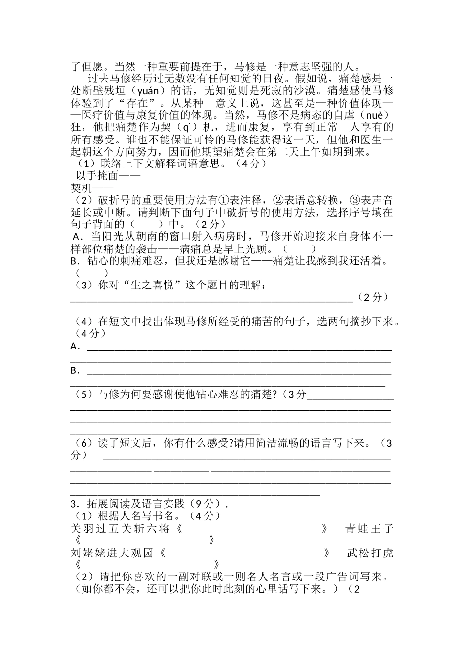 2025年小升初考试分班考试语文试卷_第3页