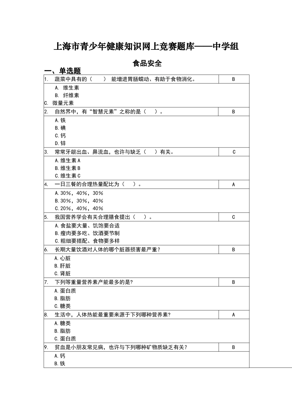 2025年上海市青少年健康知识网上竞赛题库中学组_第1页