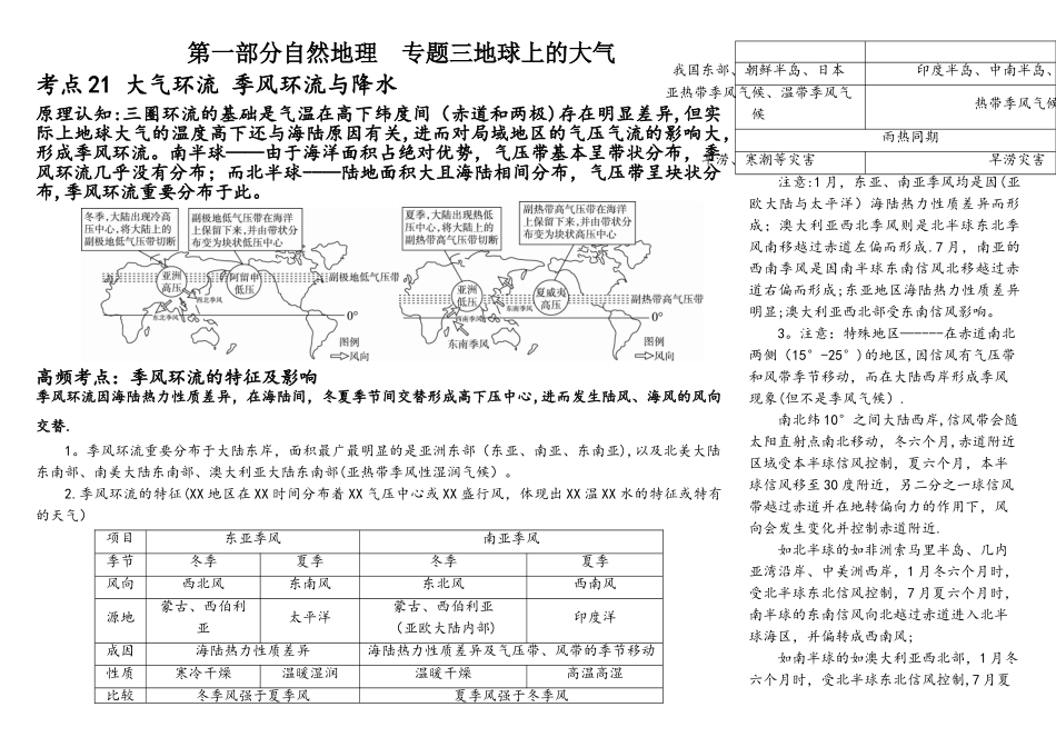 2025年考点21大气环流季风环流与降水学案+课后练习_第1页