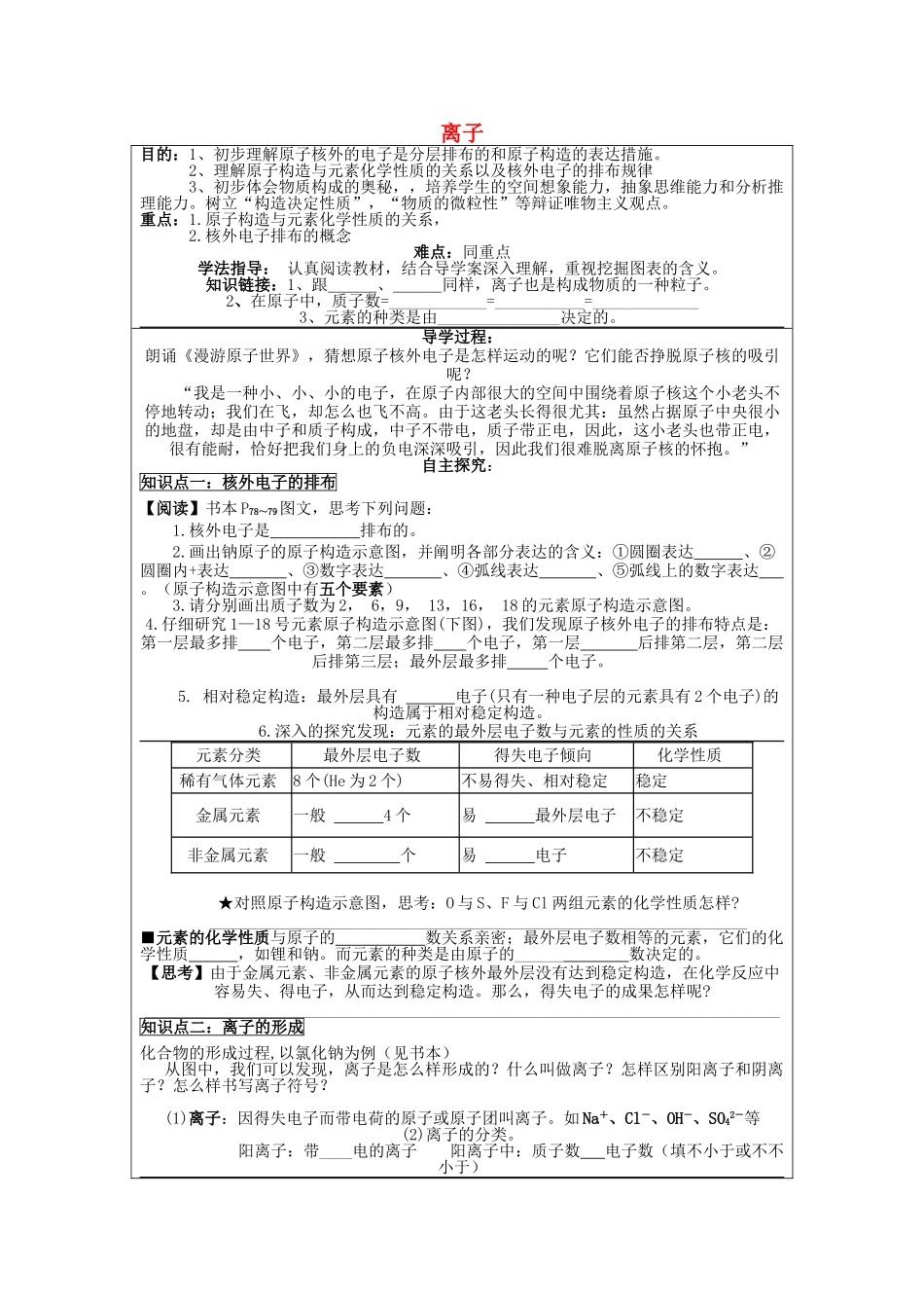 2025年八年级化学全册第五单元物质组成的表示5.1离子导学案无答案人教版五四制_第1页