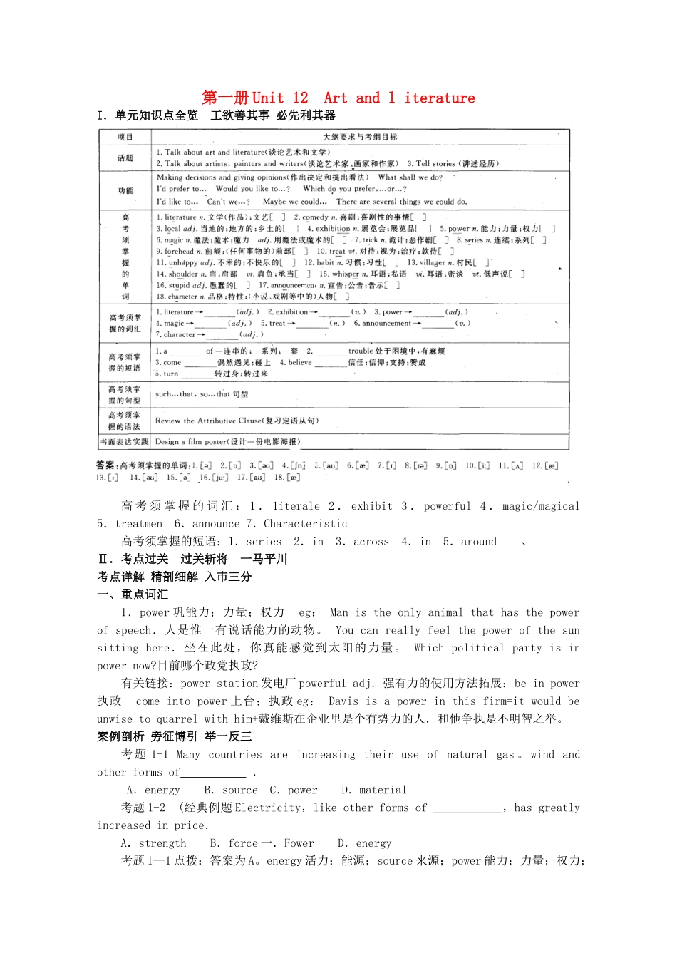 2025年高考英语总复习知识点精析与高考试题预测Unit12Artandliterature人教版大纲第一册_第1页