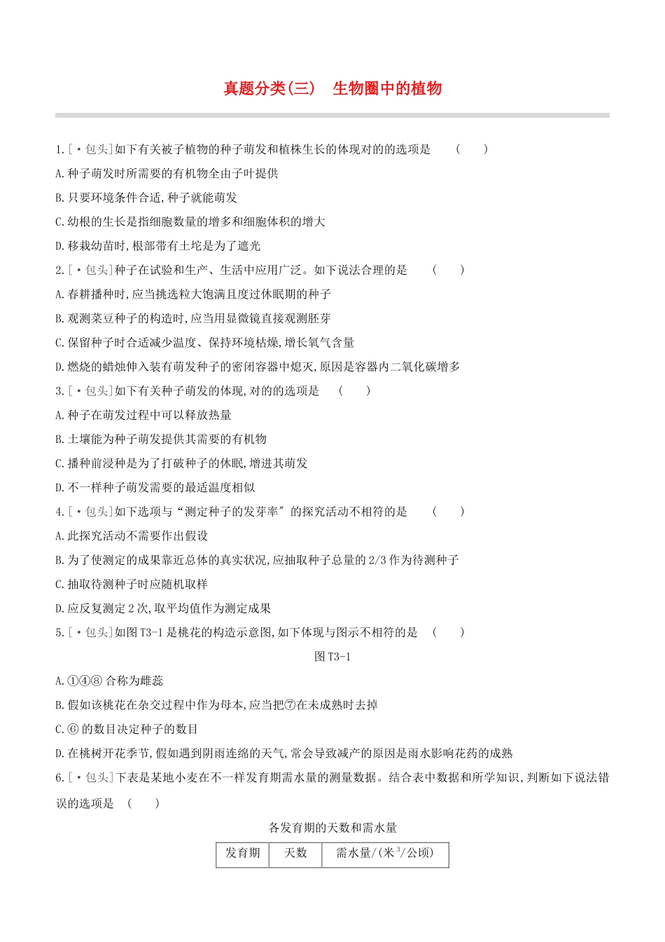 2025年包头专版中考生物复习方案真题分类03生物圈中的植物试题_第1页