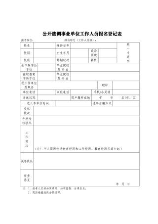2025年公开选调事业单位工作人员报名登记表