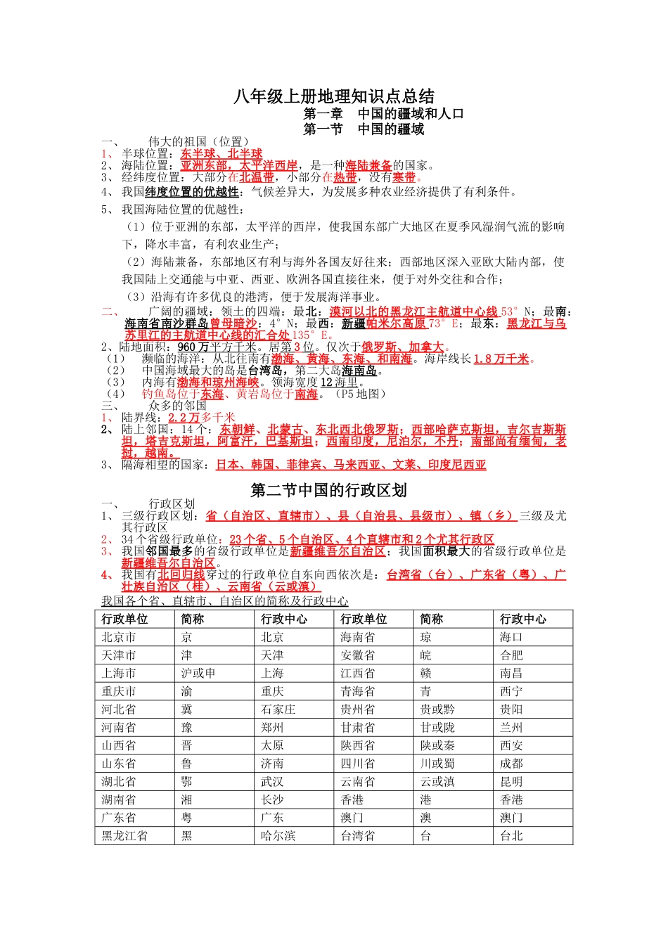 2025年湘教版版八年级上册地理知识点总结96243演示教学_第1页