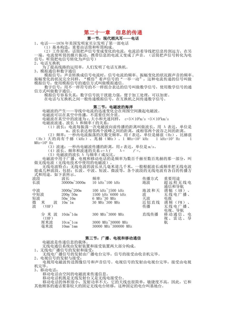 2025年九年级物理全册第二十一章信息的传递知识点汇总新人教版电子教案_第1页