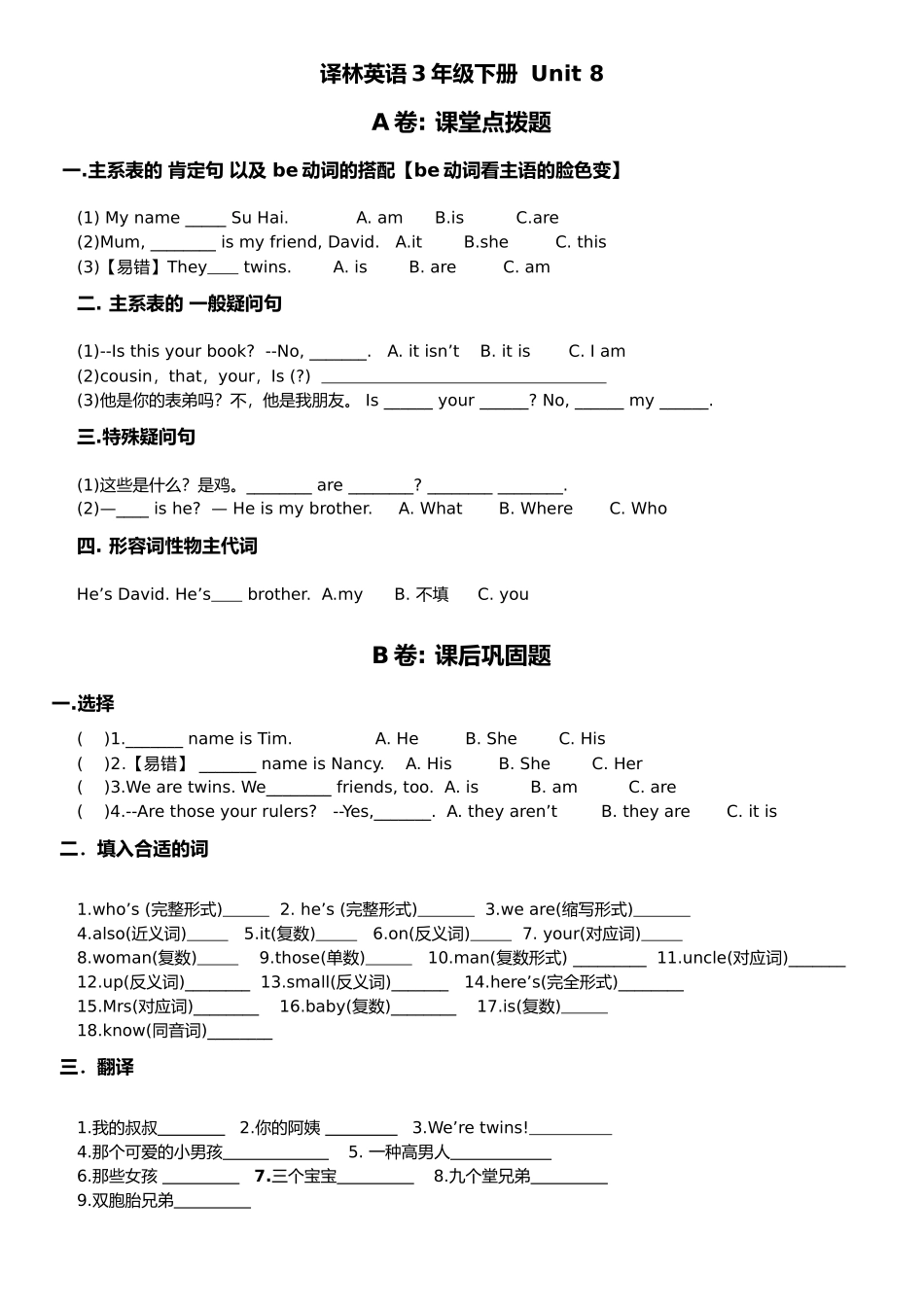 2025年译林英语3BU8考点精练_第1页