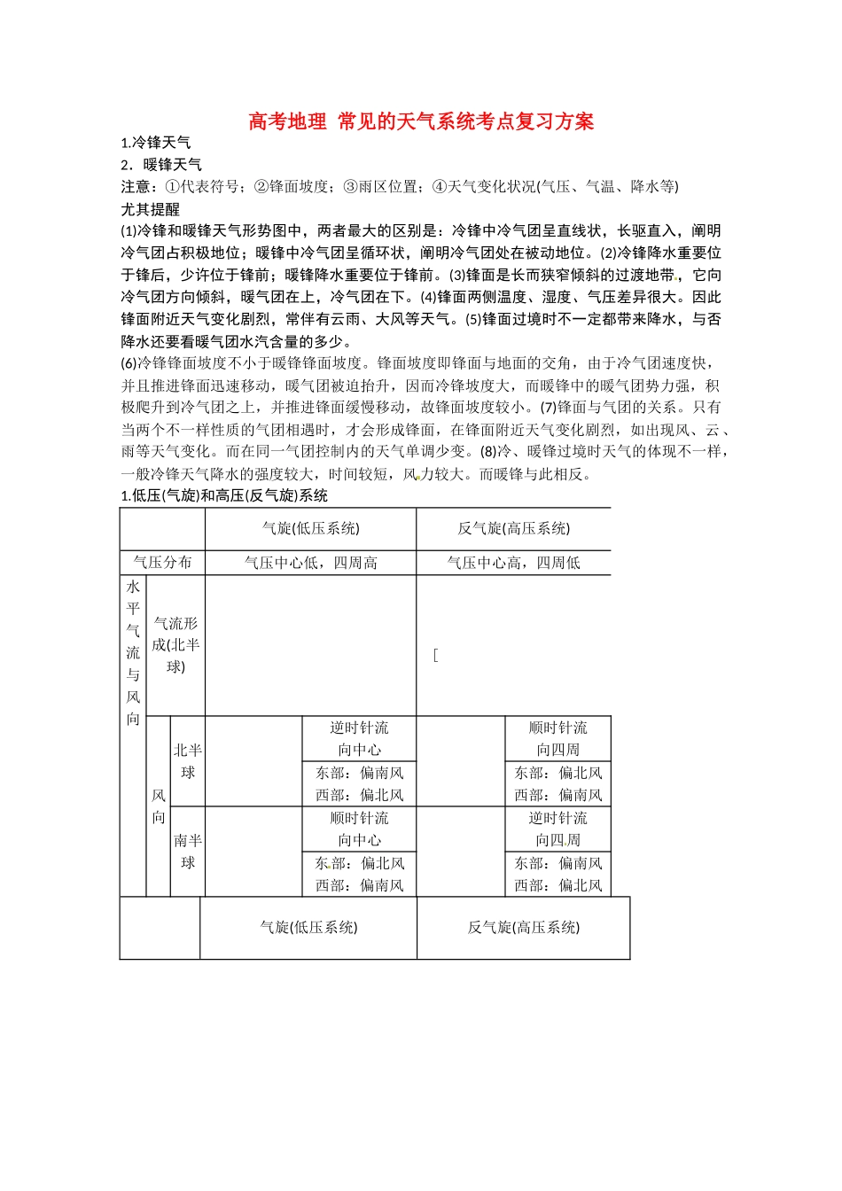 2025年高考地理常见的天气系统考点复习方案_第1页