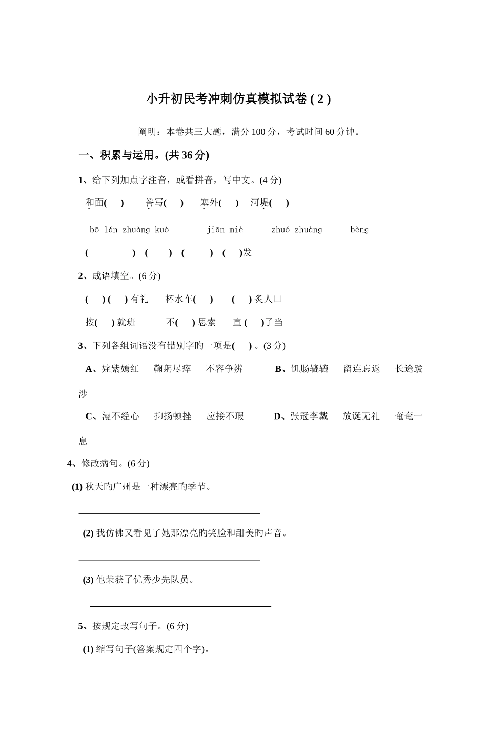 2025年小升初民考冲刺仿真模拟试卷_第1页