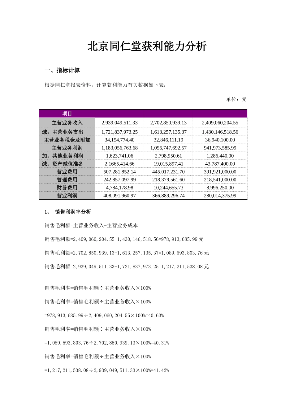 2025年电大作业同仁堂获利能力分析_第1页