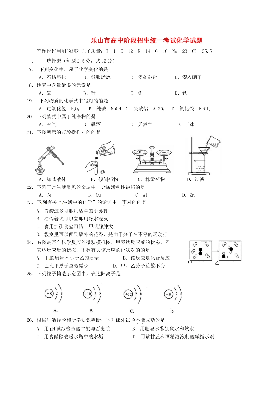 2025年四川省乐山市中考化学真题试题含答案_第1页