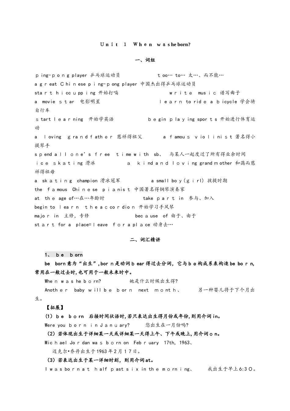 2025年鲁教版八年级英语五四制下册知识点总结 Unit 1 When was he born_第1页