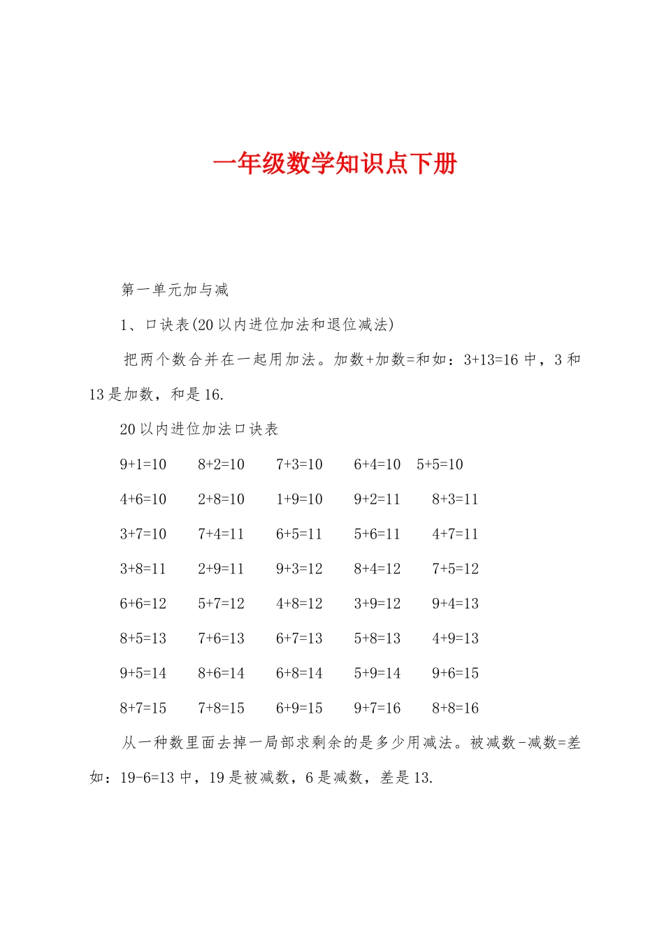 2025年一年级数学知识点下册_第1页