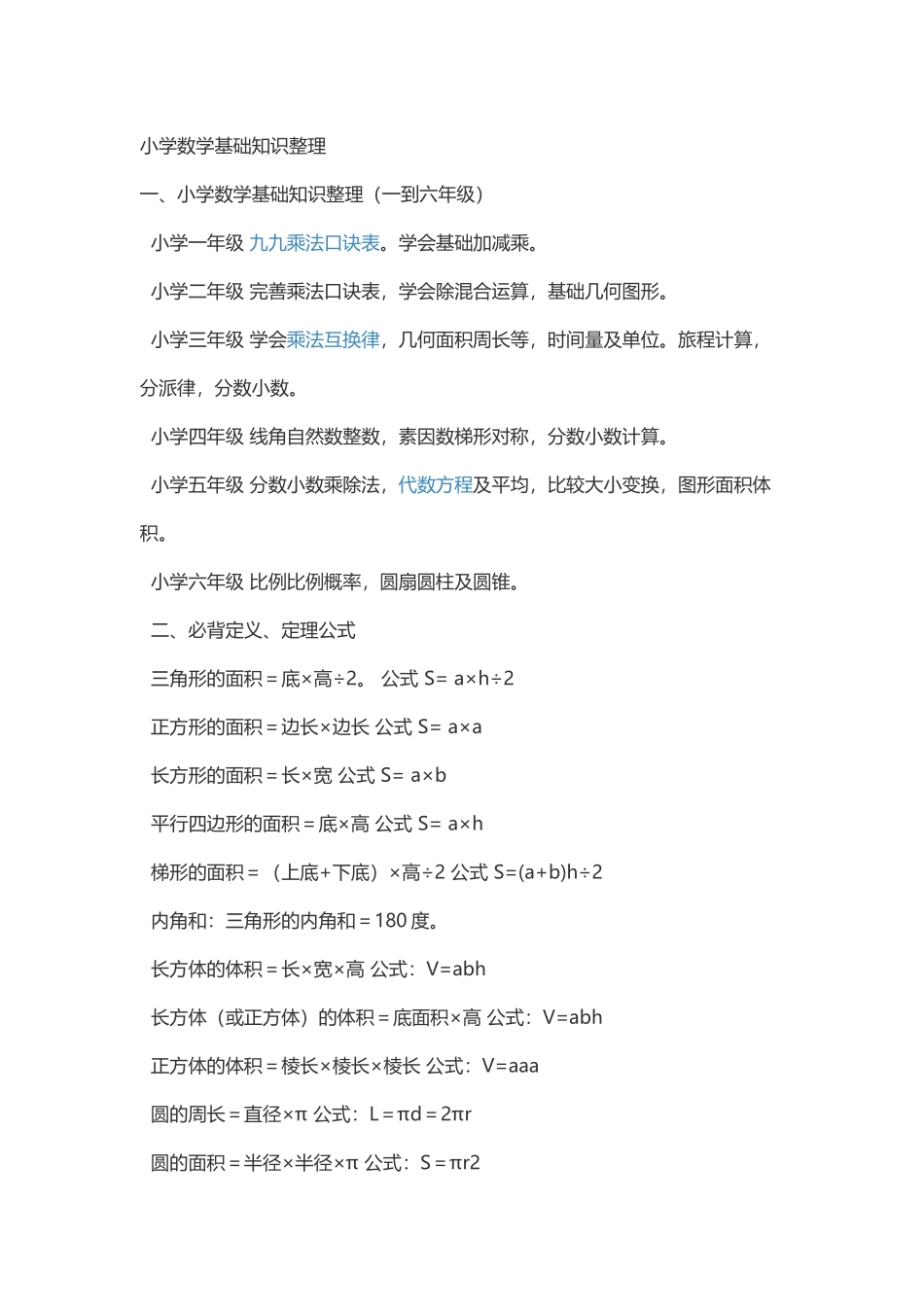 2025年人教版小学一到六年级数学知识点归纳演示教学_第1页