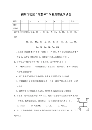2025年高州市初三缅茄杯学科竞赛化学试卷