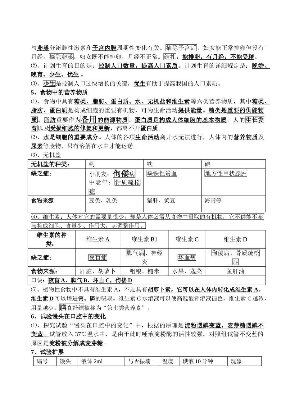 2025年七年级下册生物中考会考复习知识点教学文稿_第2页