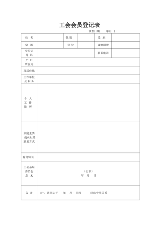 工会会员登记表空表