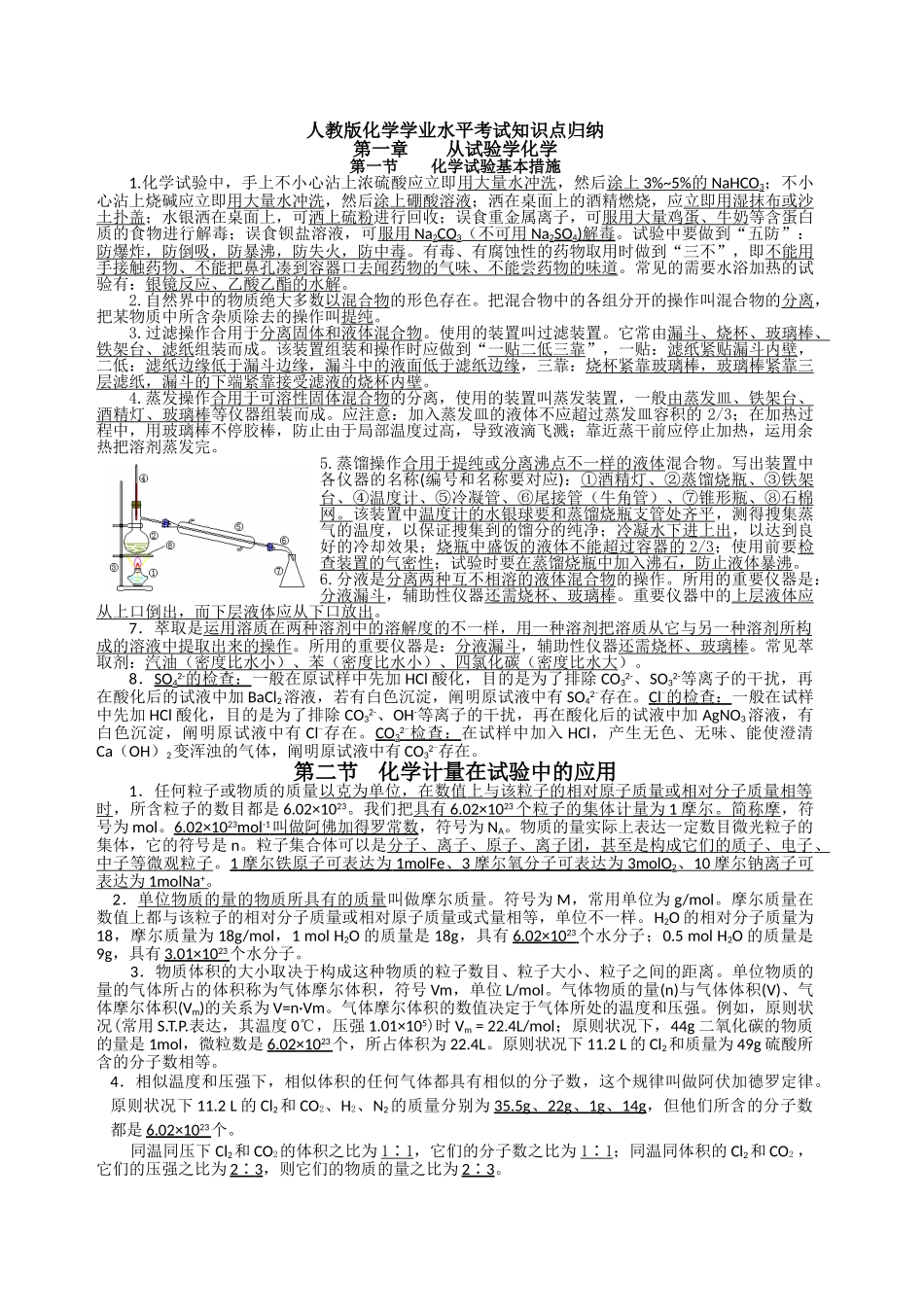 2025年人教版化学学业水平考试必背知识点归纳复习进程_第1页