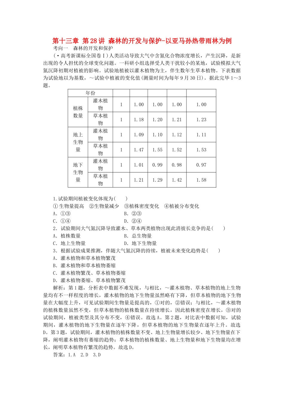 2025年优化方案福建专用高考地理总复习第十三章第28讲森林的开发与保护以亚马孙热带雨林为例真题演练_第1页