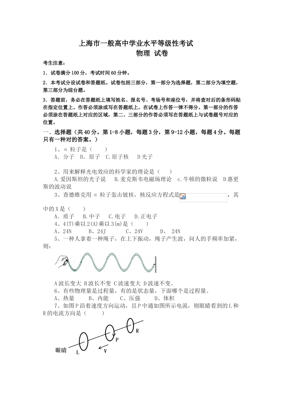 2025年上海市高中学业水平等级考试物理试题_第1页