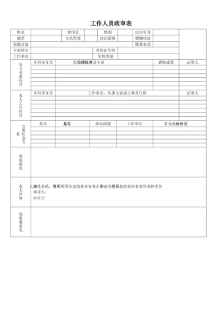 工作人员政审表