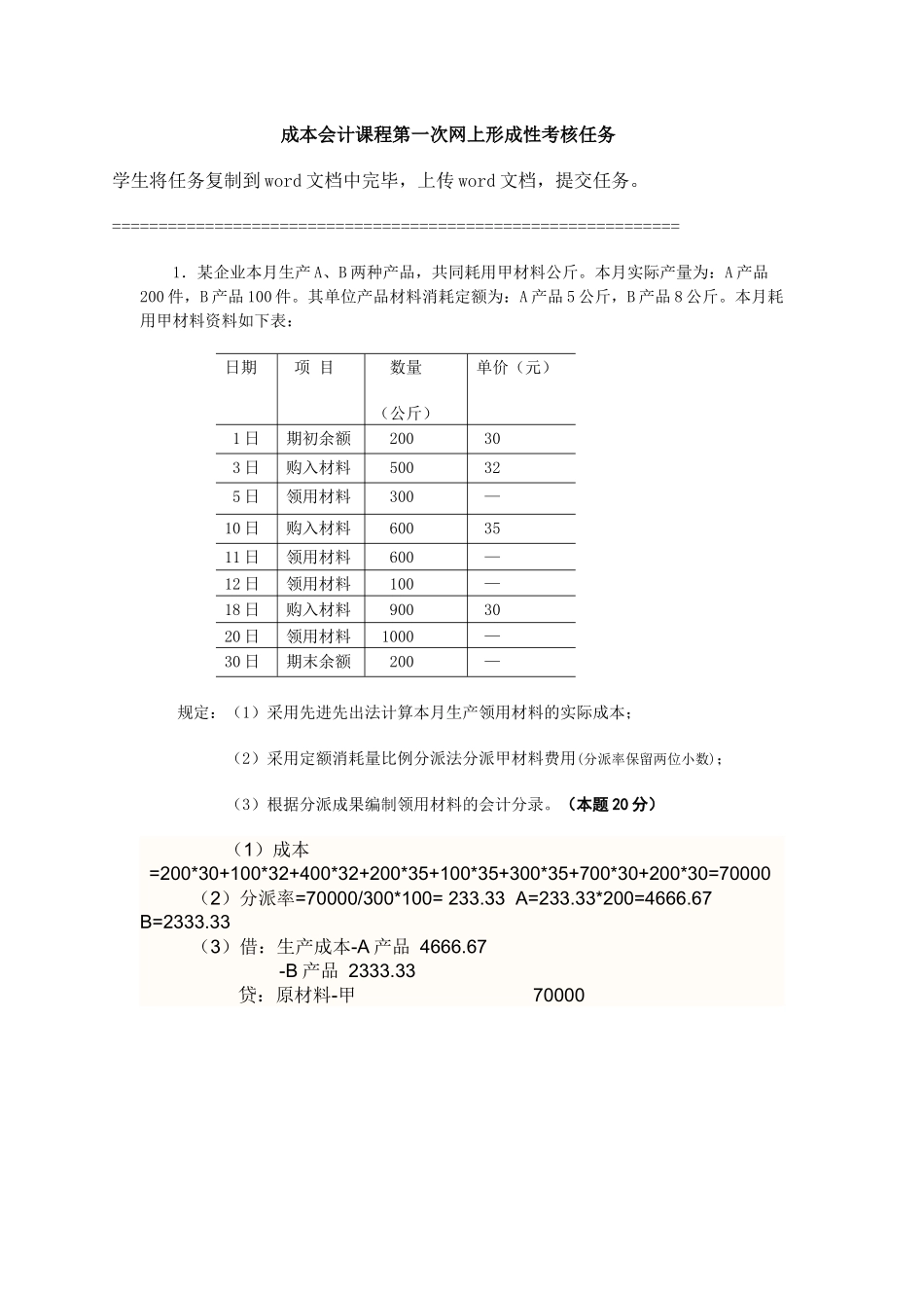 2025年成本会计课程第一次网上形成性考核任_第1页