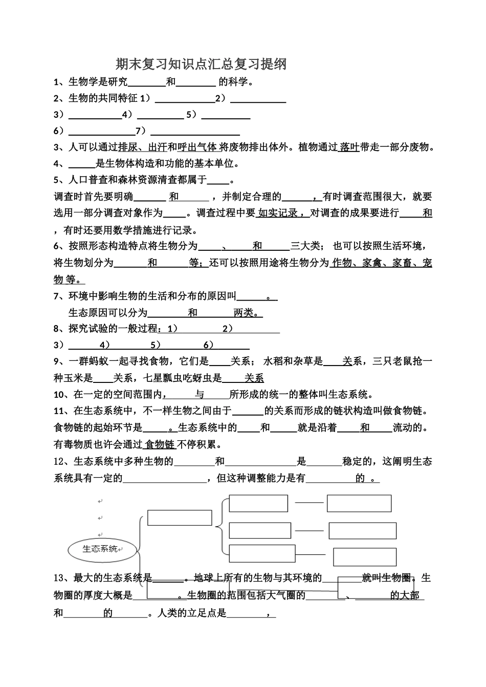 2025年七年级上册生物复习知识点填空学习资料_第1页