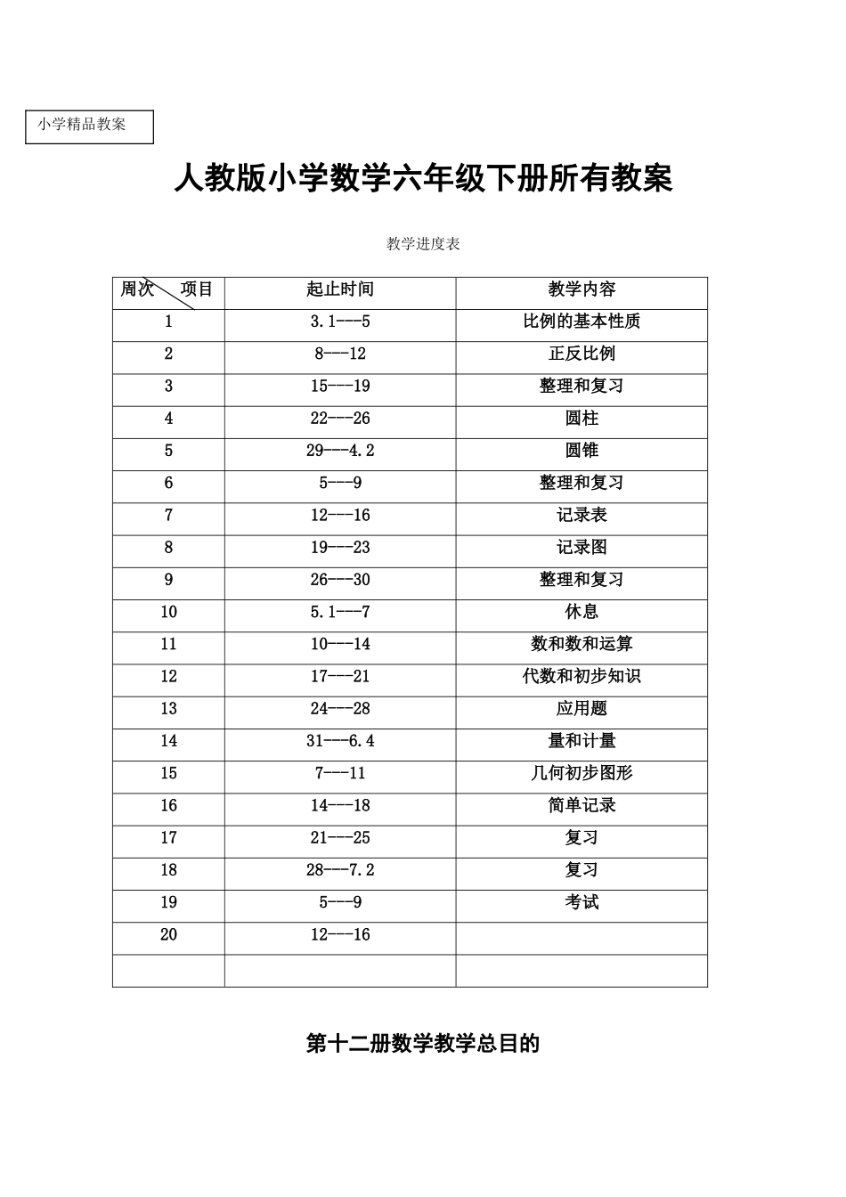 2025年人教版小学数学六年级下全册教案_第1页
