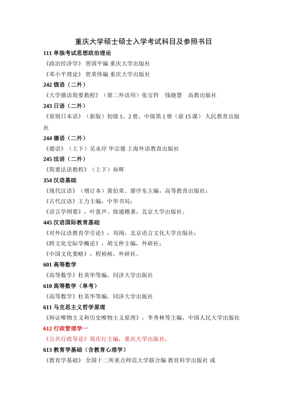 2025年重庆大学硕士研究生入学考试科目及参考书目新编_第1页
