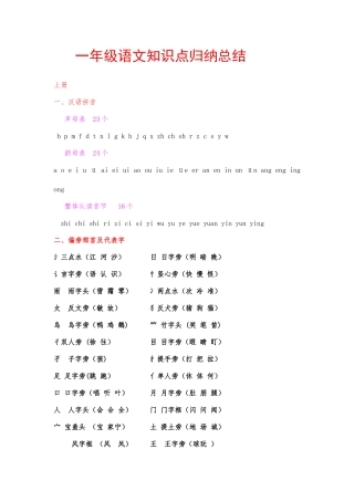 2025年重要一年级上册语文知识点归纳总结