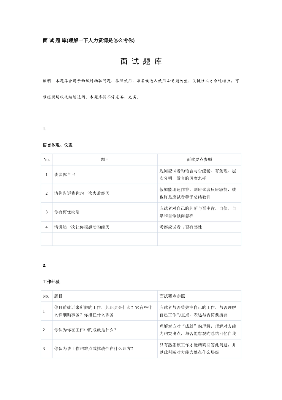 2025年面试题库人力资源_第1页