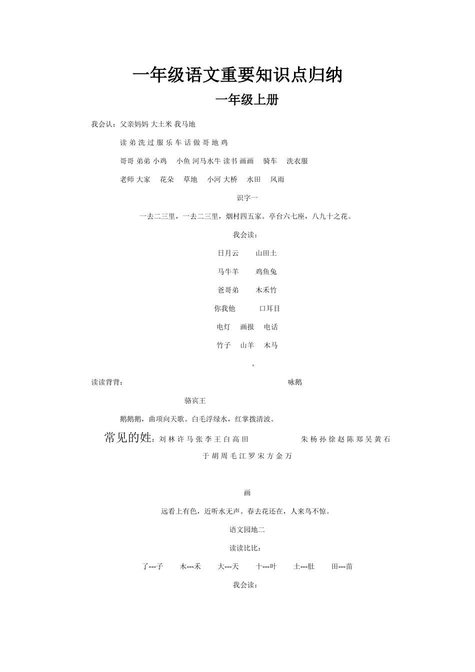 2025年一年级语文重要知识点归纳45494知识分享_第1页