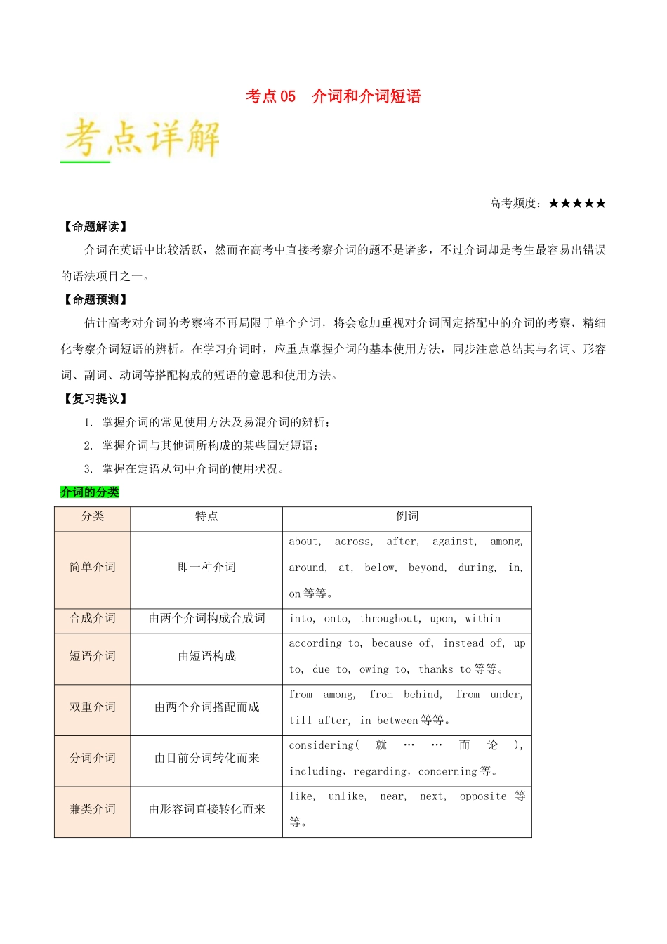 2025年备战高考英语考点一遍过考点05介词和介词短语含解析_第1页