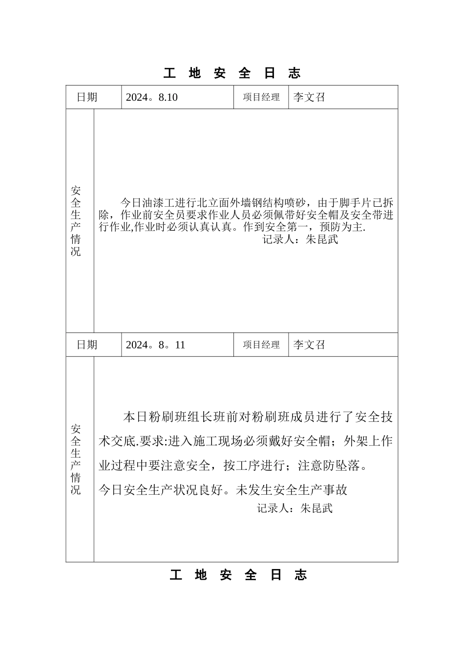 工地安全日志范例_第1页