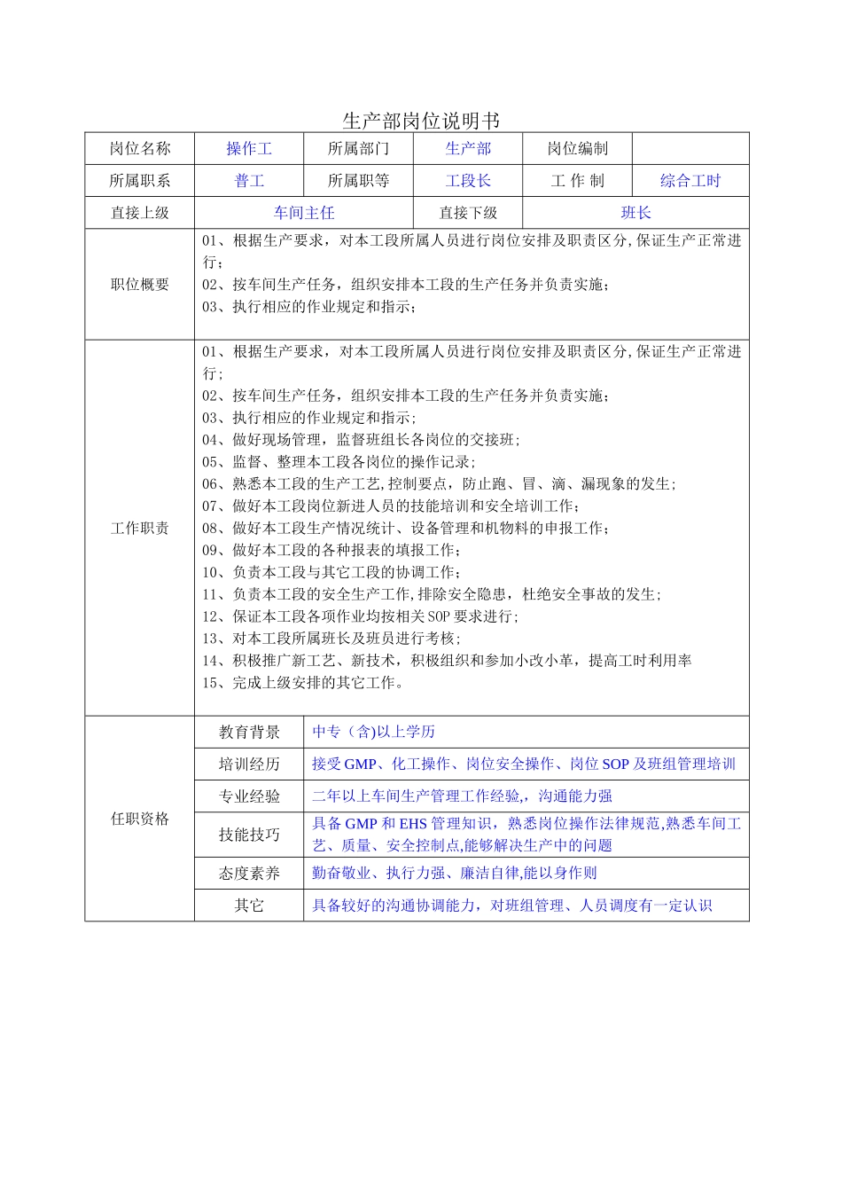 工段长岗位说明书_第1页