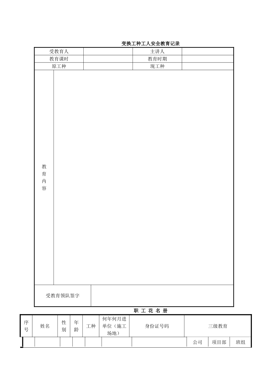 工程三级安全教育表格范例_第1页