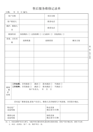 工程售后服务维修记录单