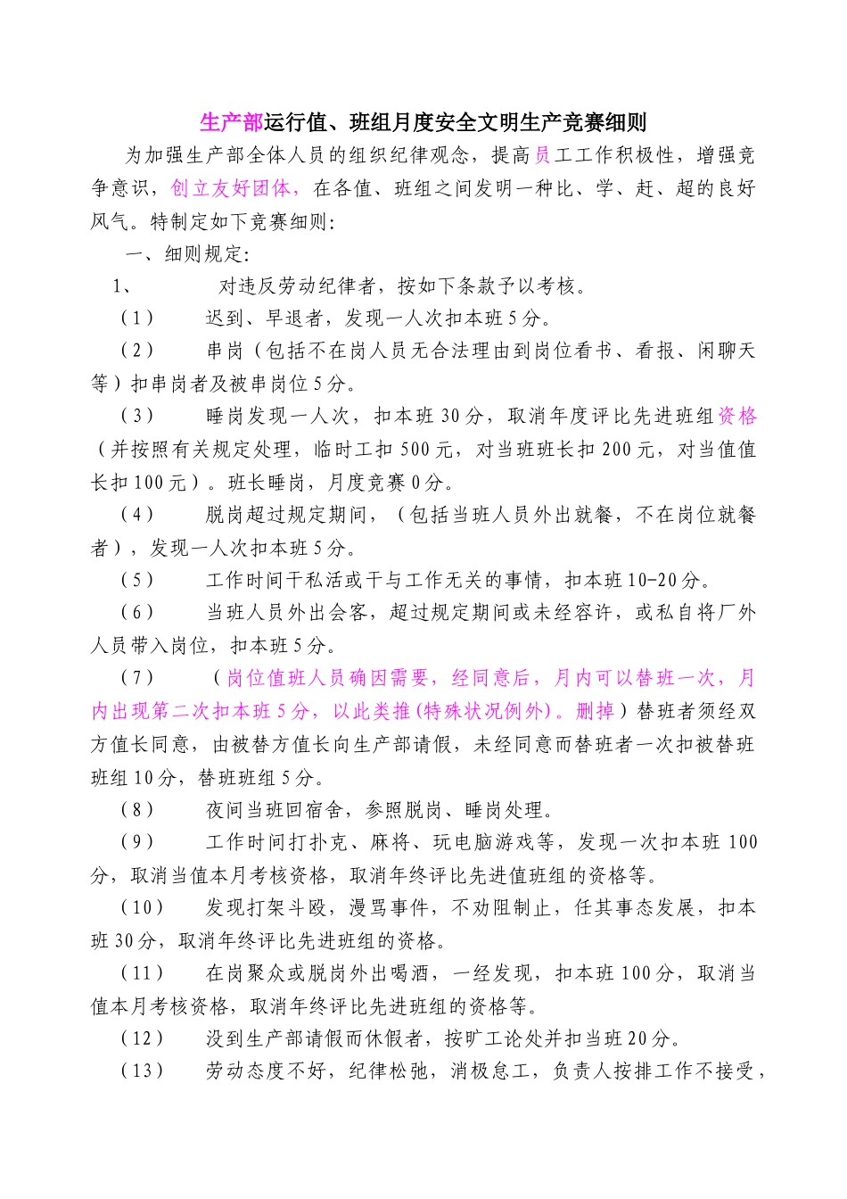 2025年生产部运行值班组月度安全文明生产竞赛细则_第1页