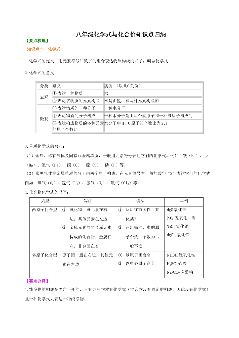 2025年八年级化学式与化合价知识点归纳教学教材_第1页
