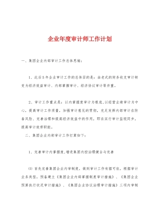 2025年公司年度审计师工作计划