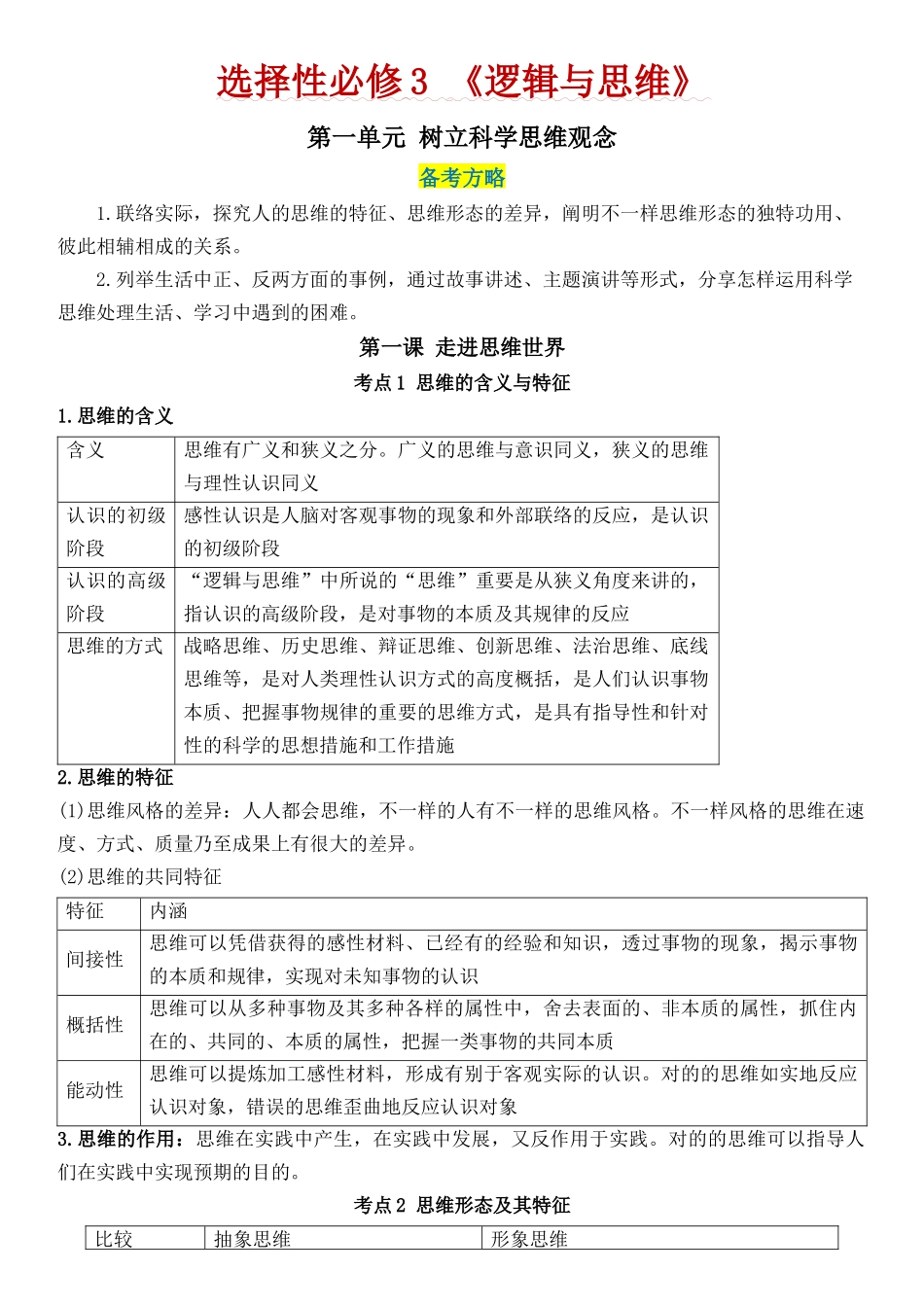 2025年选择性必修3《逻辑与思维》高考政治考前必背核心知识梳理统编版_第1页