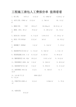 工程施工清包人工费报价单