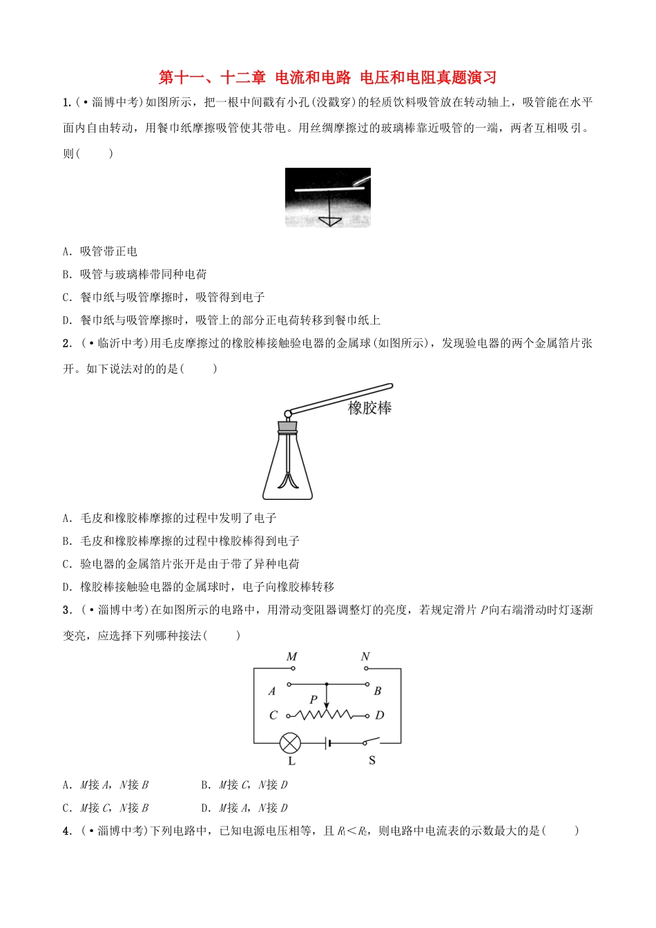 2025年淄博专版中考物理第十一十二章电流和电路电压和电阻真题演练_第1页