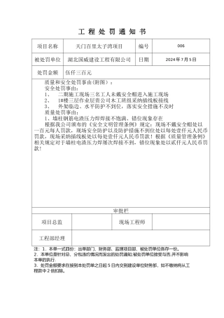 工程施工罚款单